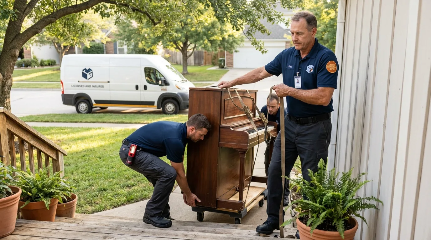 Licensed piano movers securing grand piano in Price, UT