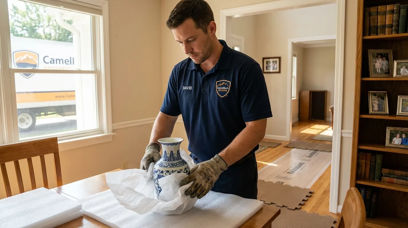 Professional crew carefully wrapping antique vase for senior downsizing move in Price, UT